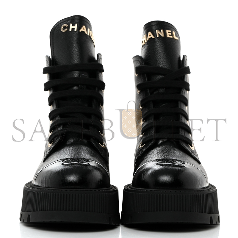 Ch*el grained calfskin shiny calfskin cc lace up combat boots 1437689